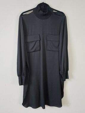 By Malene Birger High Neck Shoulder Cutout Front Pockets Long Sleeve Shift Dress